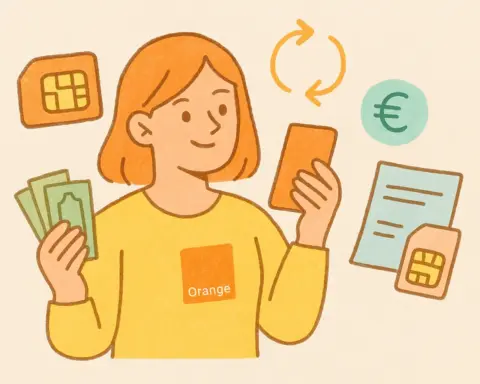 Ilustración de una chica recargando su móvil Orange con dinero en mano, iconos de SIM, euro y recarga en tonos pastel.