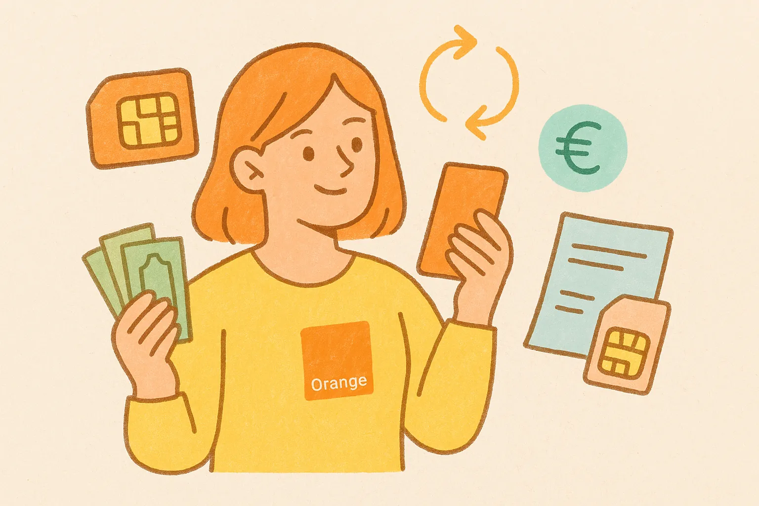 Ilustración de una chica recargando su móvil Orange con dinero en mano, iconos de SIM, euro y recarga en tonos pastel.