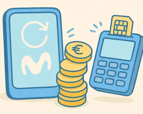 Ilustración de un móvil con logo de Movistar, monedas, un datáfono y una tarjeta SIM sobre fondo beige en tonos pastel.