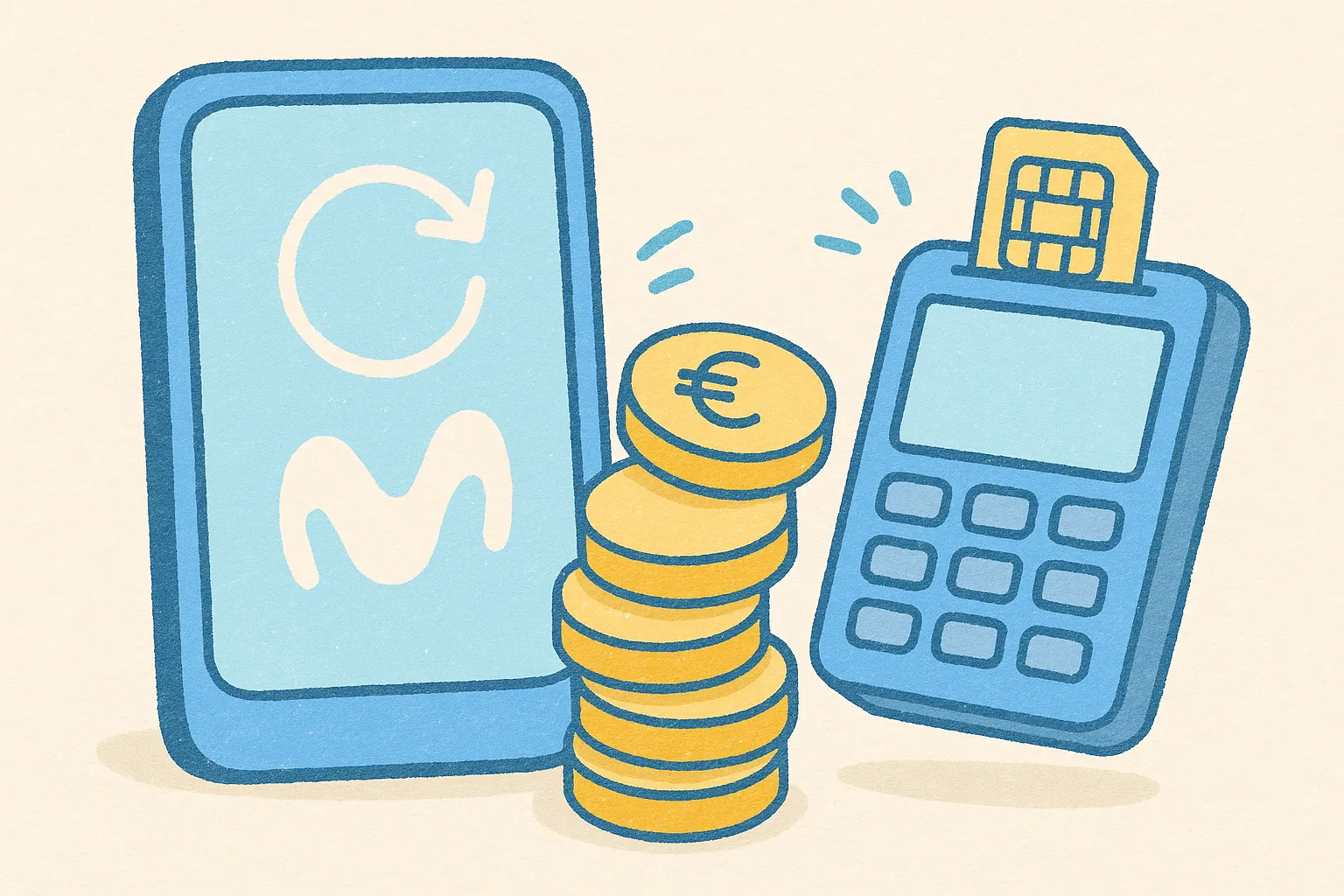 Ilustración de un móvil con logo de Movistar, monedas, un datáfono y una tarjeta SIM sobre fondo beige en tonos pastel.