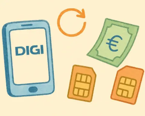 Ilustración digital con móvil DIGI, tarjeta SIM, billete y símbolo de recarga sobre fondo claro en tonos pastel.