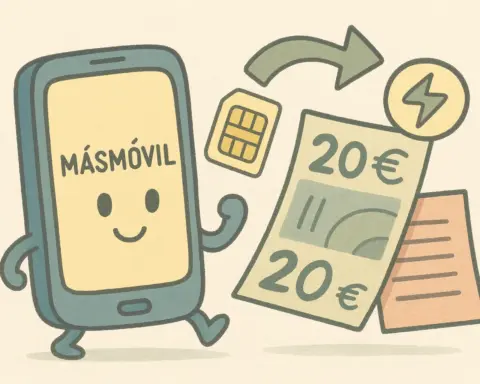 Ilustración de un móvil con logo MásMóvil, billetes de 20€, una SIM y flecha de recarga en estilo pastel.