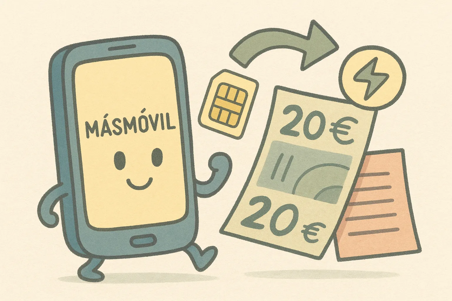 Ilustración de un móvil con logo MásMóvil, billetes de 20€, una SIM y flecha de recarga en estilo pastel.