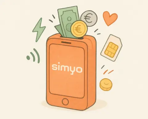 Ilustración de móvil simyo con forma de hucha, recibiendo monedas, billetes e iconos de datos y corazón.