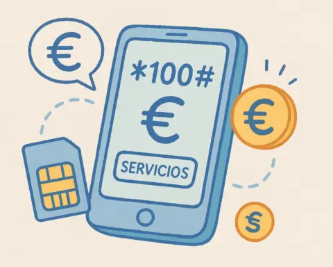 Ilustración de móvil DIGI con código *100#, tarjeta SIM y monedas rodeadas de iconos en estilo pastel.