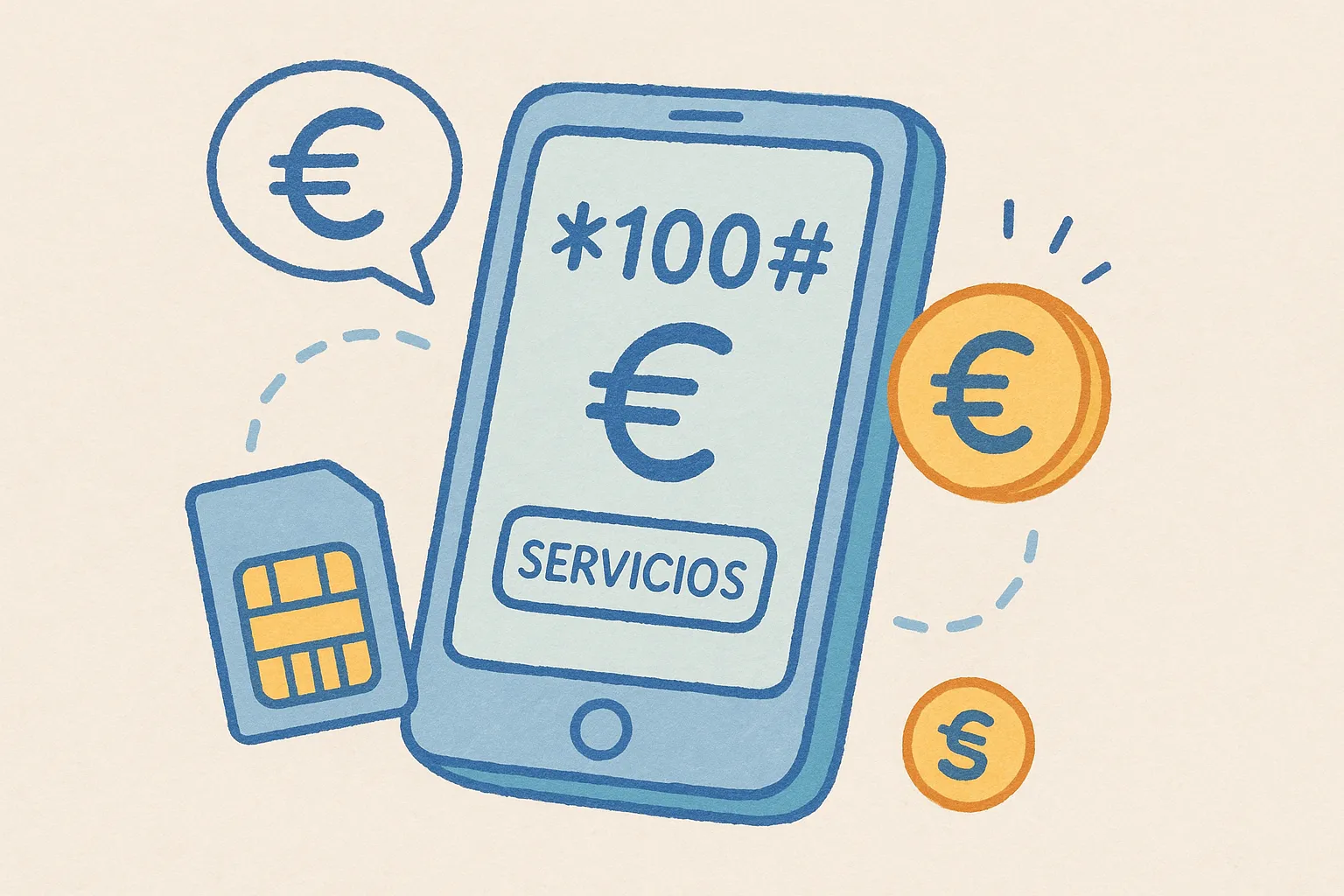 Ilustración de móvil DIGI con código *100#, tarjeta SIM y monedas rodeadas de iconos en estilo pastel.