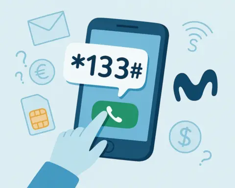 Ilustración de un móvil Movistar con el código *133# en pantalla, rodeado de símbolos de saldo, SIM y euro en tonos azules.
