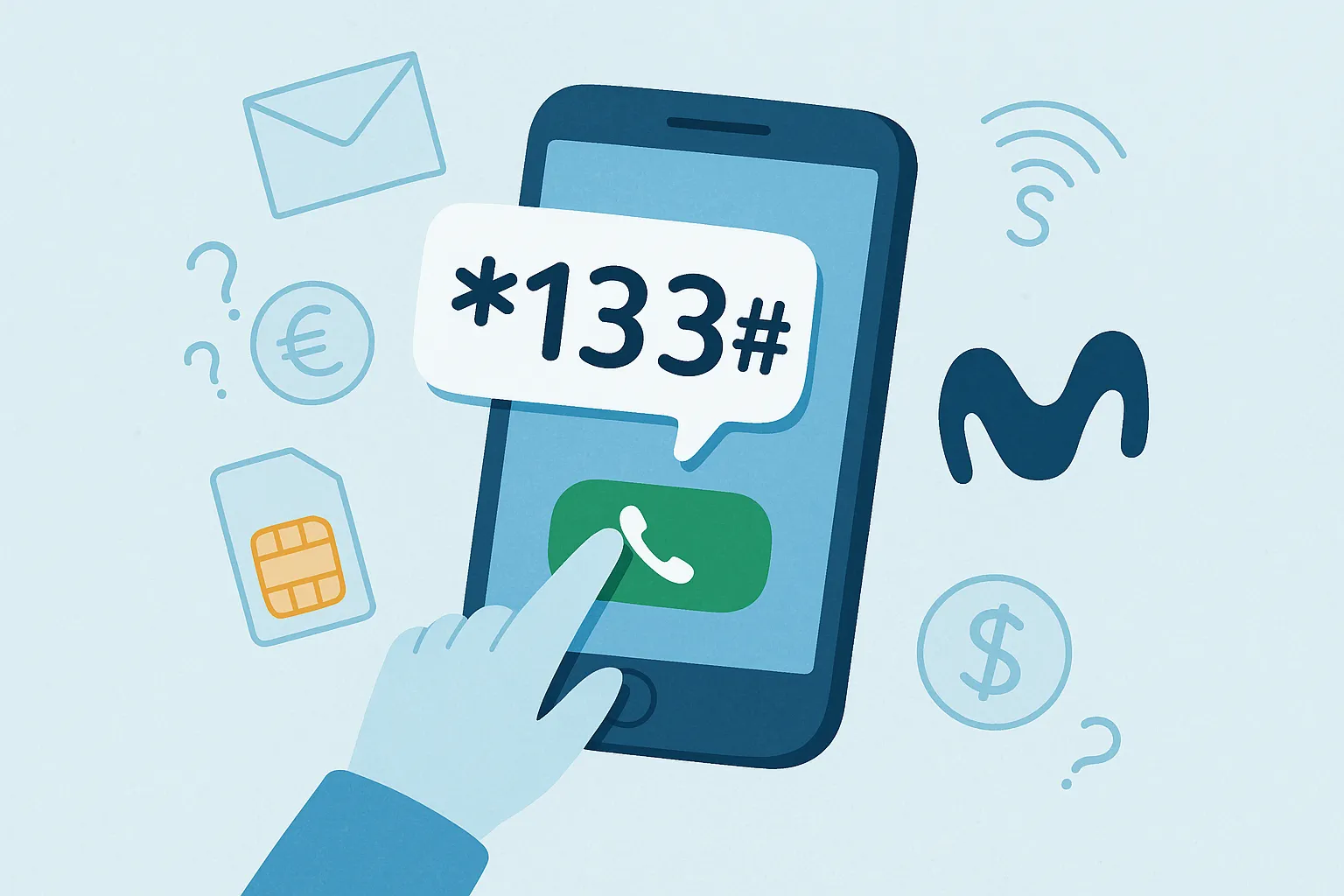 Ilustración de un móvil Movistar con el código *133# en pantalla, rodeado de símbolos de saldo, SIM y euro en tonos azules.