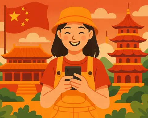 Turista sonriente usando el móvil frente a templos tradicionales y la bandera de China, rodeada de vegetación y montañas.