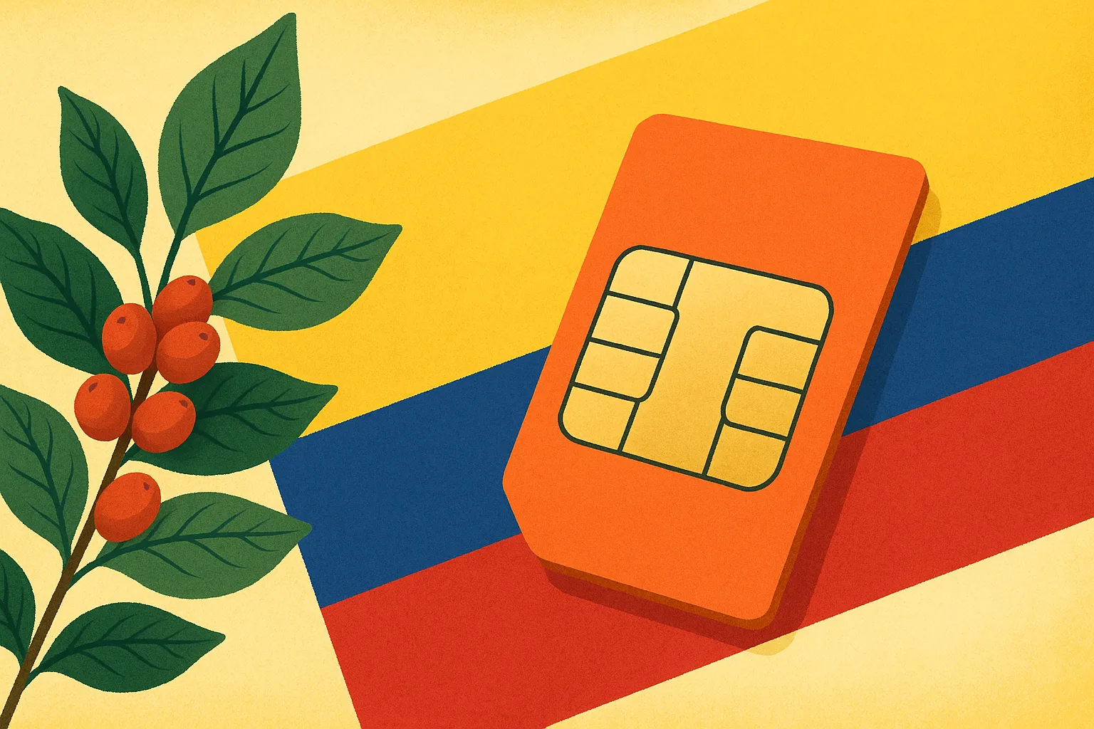 Ilustración de una tarjeta SIM frente a un fondo con los colores de la bandera de Colombia, representando el uso de tarifas prepago en el país.