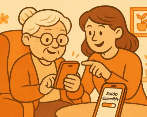 Ilustración de una persona mayor consultando el saldo en su móvil con ayuda de un familiar en un entorno tranquilo.
