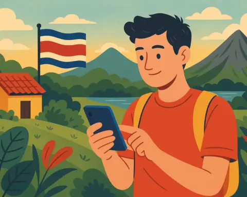 Turista usando el móvil en un paisaje tropical con bandera de Costa Rica, montañas, vegetación y una casa rural al fondo.