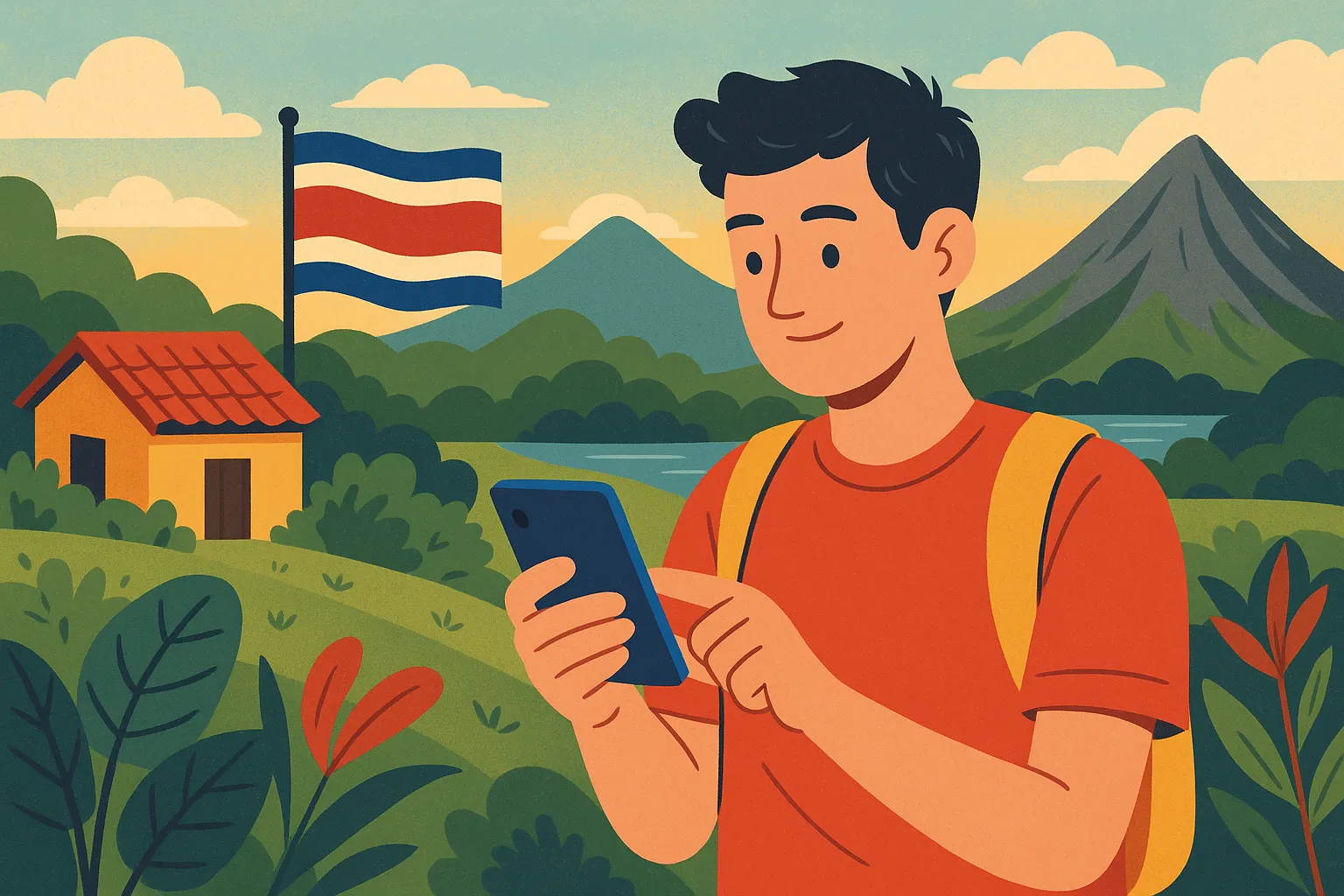 Turista usando el móvil en un paisaje tropical con bandera de Costa Rica, montañas, vegetación y una casa rural al fondo.