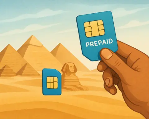 Ilustración de una tarjeta SIM prepago con fondo desértico y pirámides, representando el uso de tarifas prepago en Egipto.