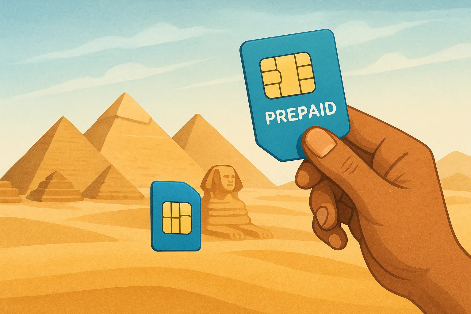 Ilustración de una tarjeta SIM prepago con fondo desértico y pirámides, representando el uso de tarifas prepago en Egipto.