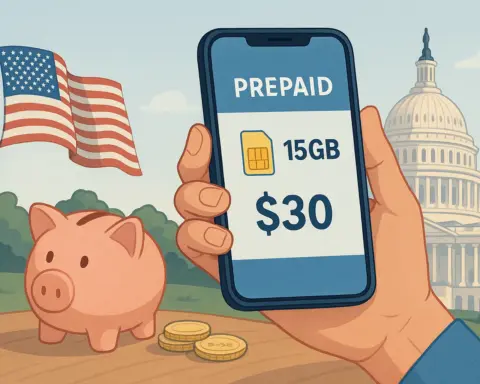 Ilustración de una mano sujetando una tarjeta SIM frente a un fondo con la bandera de Estados Unidos, representando el uso de tarifas prepago en el país.