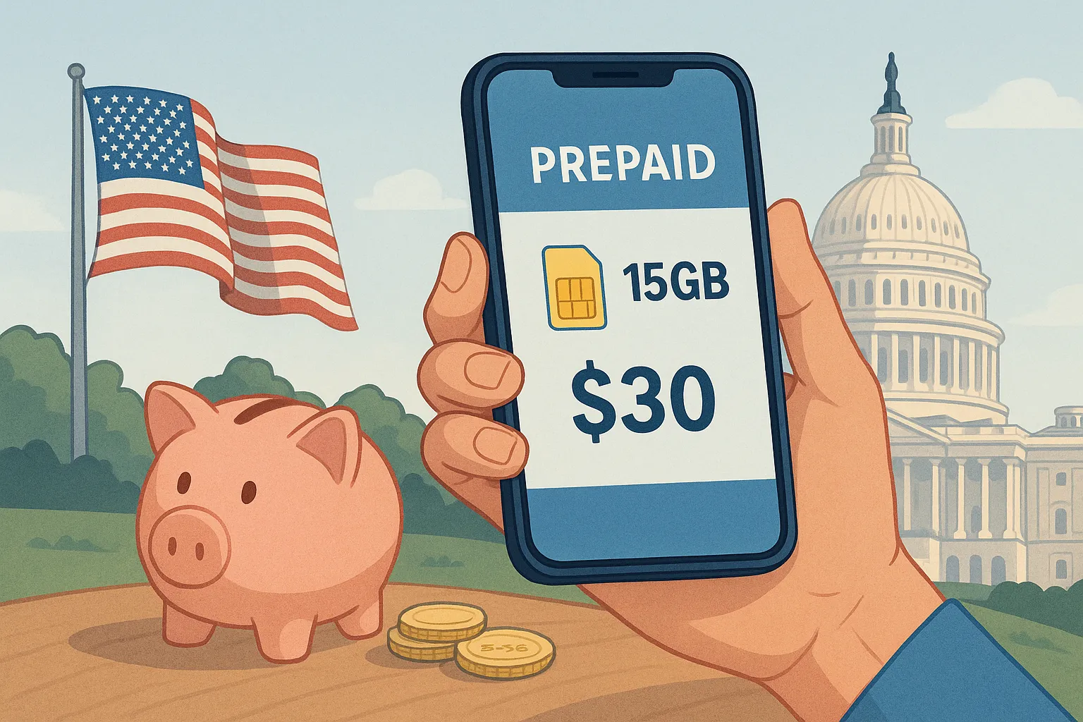 Ilustración de una mano sujetando una tarjeta SIM frente a un fondo con la bandera de Estados Unidos, representando el uso de tarifas prepago en el país.