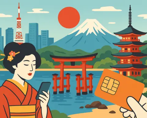 Mujer con kimono usando el móvil, con tarjeta SIM en primer plano y símbolos icónicos de Japón al fondo como el Monte Fuji y un torii.
