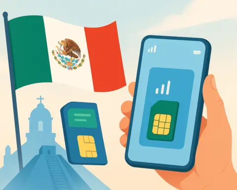 Ilustración de un smartphone con conexión móvil frente a la bandera de México, representando el uso de tarjetas prepago en el país