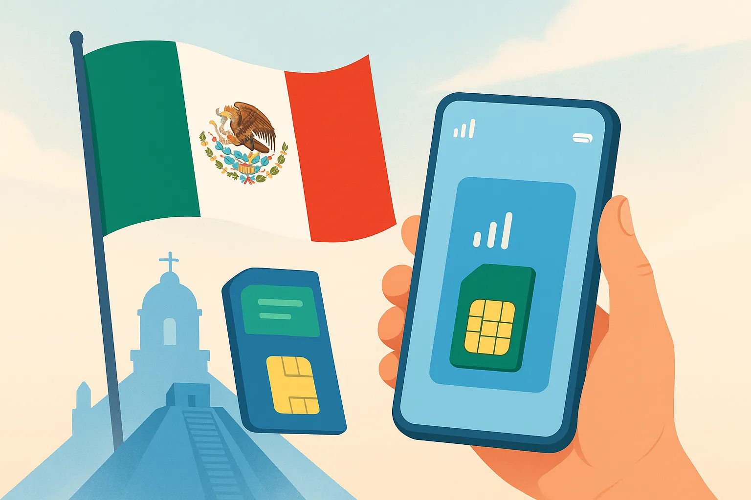 Ilustración de un smartphone con conexión móvil frente a la bandera de México, representando el uso de tarjetas prepago en el país