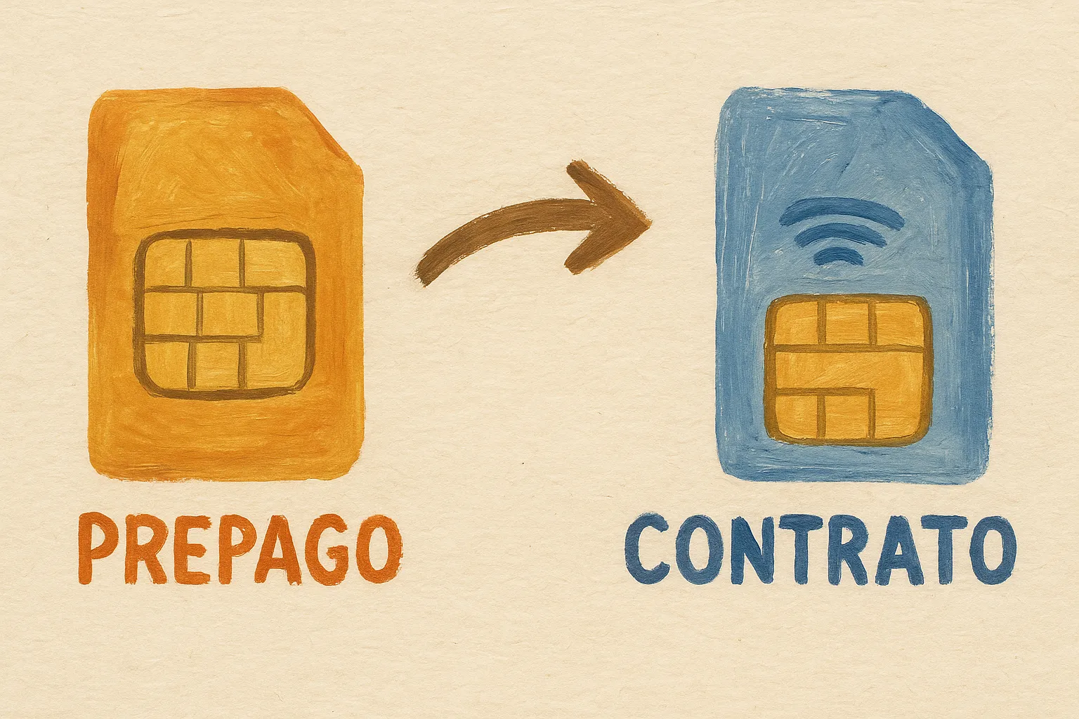 Ilustración artística pintada a mano del cambio de una tarjeta SIM prepago a una SIM de contrato