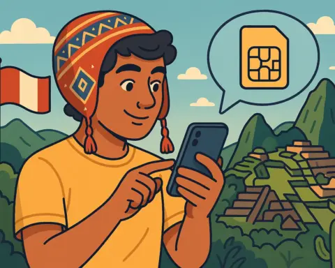 Turista con gorro andino usando el móvil frente a Machu Picchu, con bandera de Perú y una SIM ilustrada en un bocadillo de diálogo.