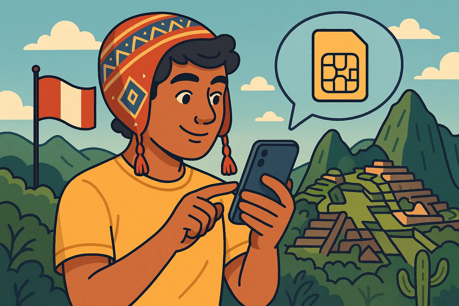 Turista con gorro andino usando el móvil frente a Machu Picchu, con bandera de Perú y una SIM ilustrada en un bocadillo de diálogo.