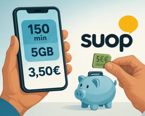Ilustración de un smartphone con una tarifa prepago de Suop en pantalla: 150 minutos, 5GB y 3,50€, rodeado de iconos de llamadas, datos y saldo.