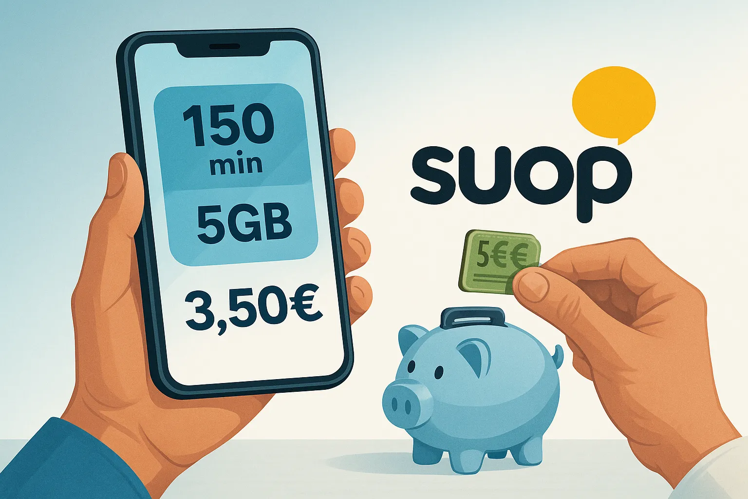Ilustración de un smartphone con una tarifa prepago de Suop en pantalla: 150 minutos, 5GB y 3,50€, rodeado de iconos de llamadas, datos y saldo.