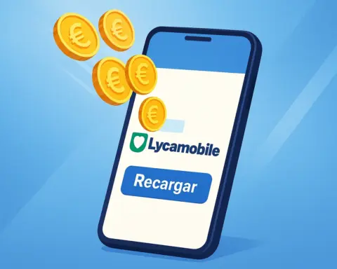 Ilustración de un smartphone con el logo de Lycamobile y una recarga de saldo representada como energía entrando desde una tarjeta prepago