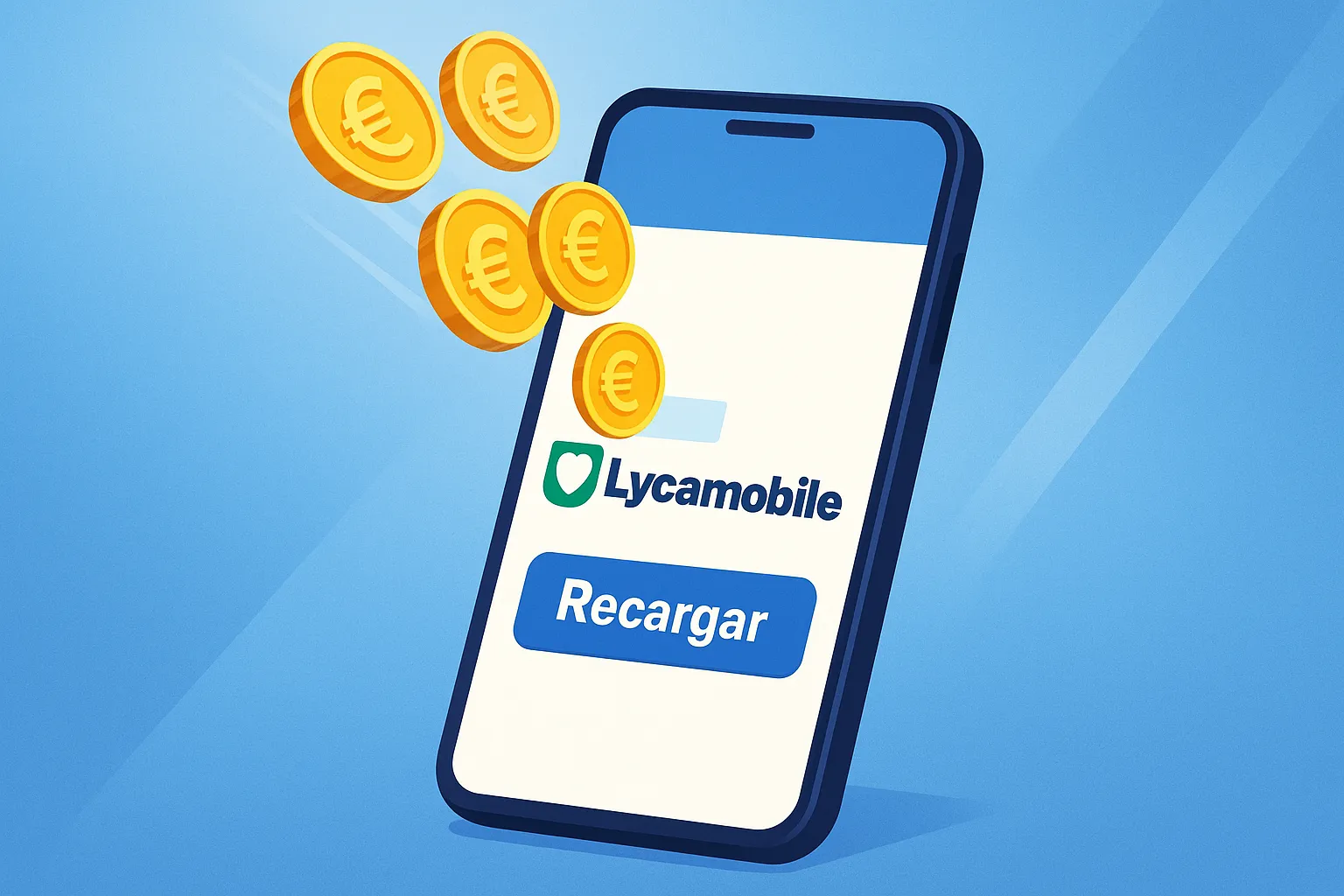Ilustración de un smartphone con el logo de Lycamobile y una recarga de saldo representada como energía entrando desde una tarjeta prepago