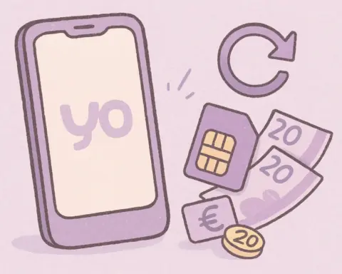Ilustración de un móvil con logo Yoigo, tarjeta SIM, billetes y símbolo de recarga en tonos morados sobre fondo claro.