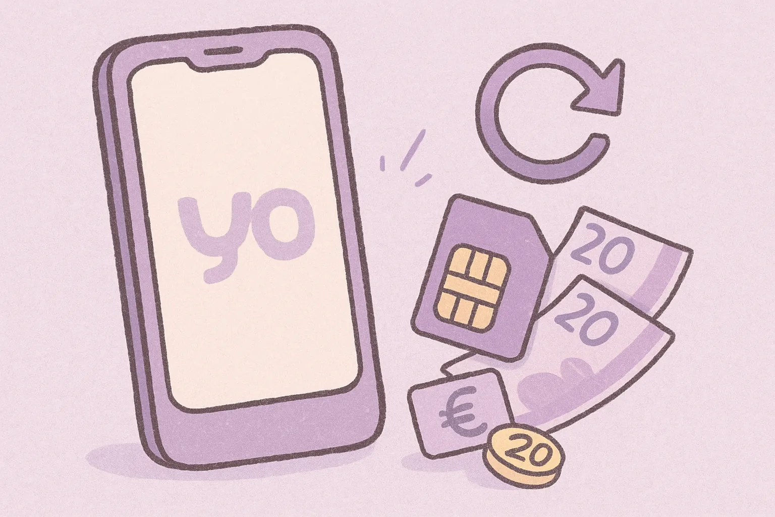 Ilustración de un móvil con logo Yoigo, tarjeta SIM, billetes y símbolo de recarga en tonos morados sobre fondo claro.