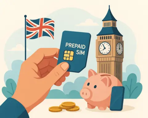 📝 Texto ALT: Ilustración de una mano sosteniendo un smartphone frente a un fondo con colores y elementos icónicos del Reino Unido, como una cabina telefónica y la bandera británica.