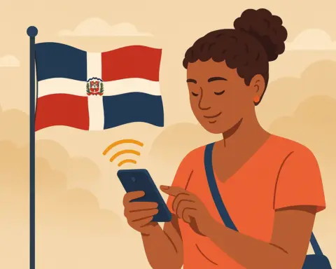 Mujer usando el móvil con señal de conexión junto a la bandera de República Dominicana sobre un fondo de nubes cálidas.