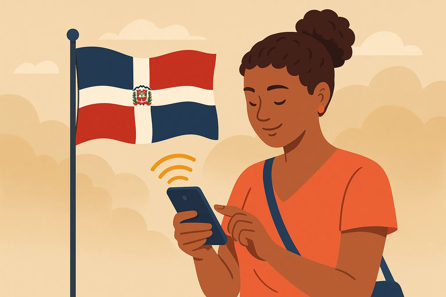 Mujer usando el móvil con señal de conexión junto a la bandera de República Dominicana sobre un fondo de nubes cálidas.