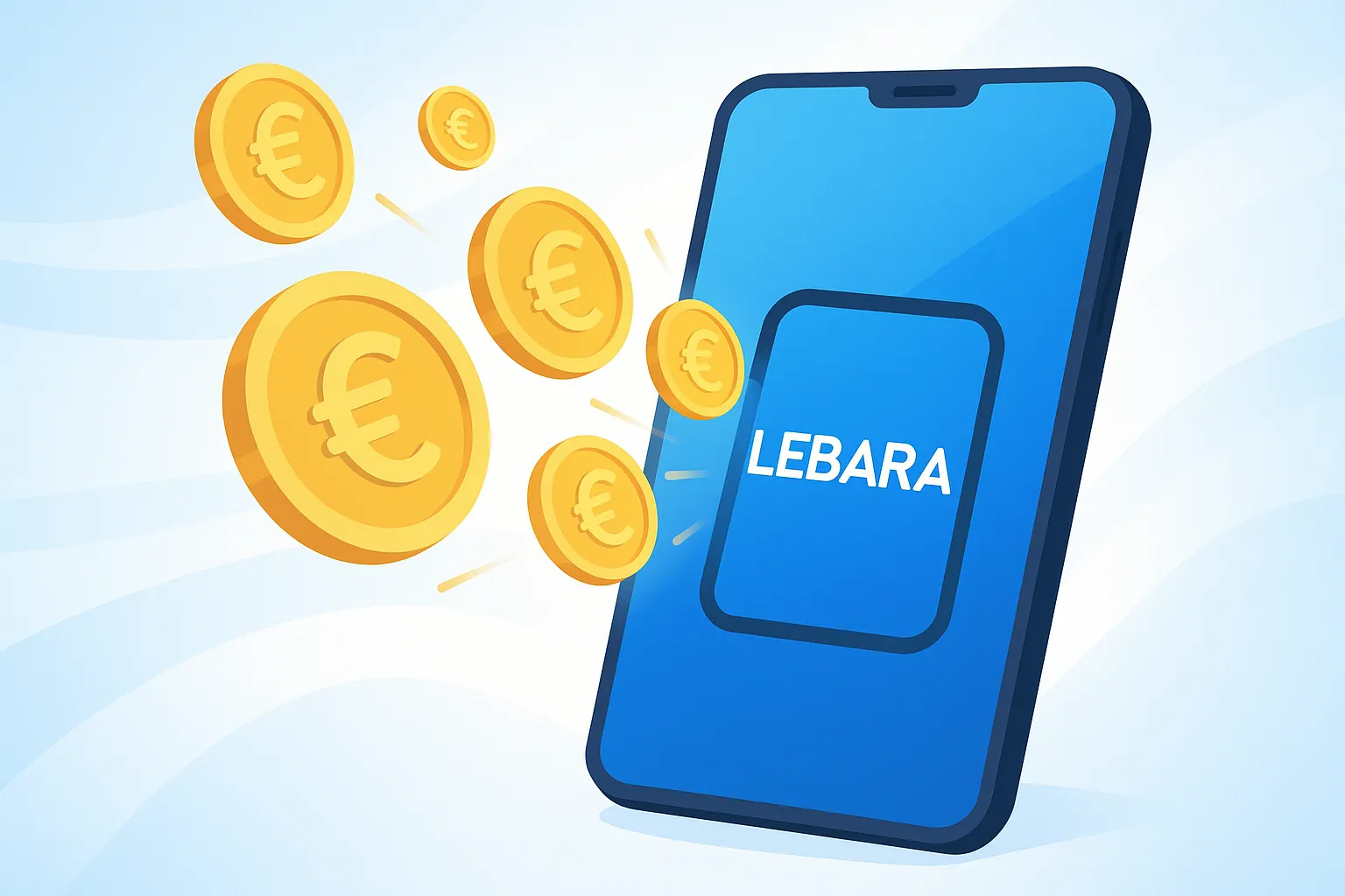 Ilustración de un smartphone con saldo entrando en la pantalla y el logo de Lebara visible