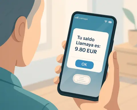 Un hombre consultando su saldo Llamaya en un móvil con un mensaje que muestra el importe disponible.