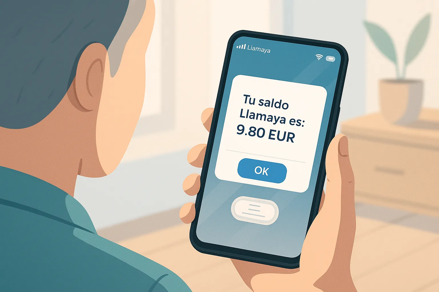 Un hombre consultando su saldo Llamaya en un móvil con un mensaje que muestra el importe disponible.