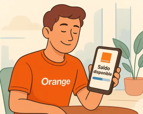 Persona consultando el saldo de su tarjeta prepago Orange desde su móvil, en una ilustración digital moderna y minimalista.