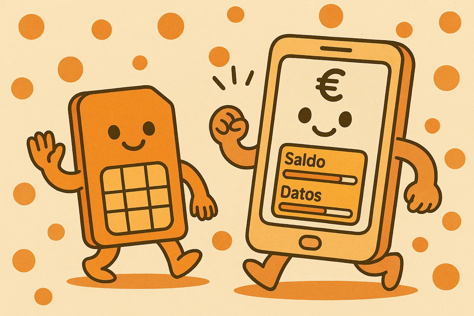 Ilustración simpática de una tarjeta SIM naranja y un móvil sonriente que muestra el saldo en pantalla, representando el servicio prepago de Simyo.