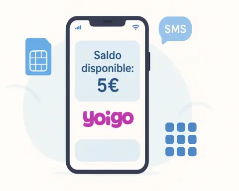 Ilustración de un móvil consultando el saldo de una tarjeta prepago Yoigo en pantalla