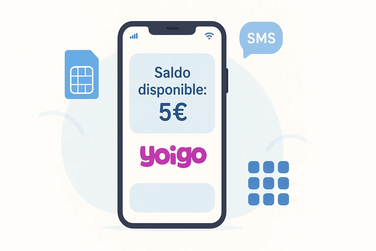 Ilustración de un móvil consultando el saldo de una tarjeta prepago Yoigo en pantalla