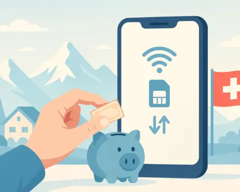 Ilustración de un smartphone con conexión móvil en Suiza, rodeado de montañas y la bandera suiza, representando el uso de tarifas prepago en el país