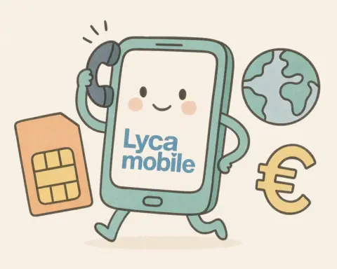 Ilustración digital de un teléfono móvil Lycamobile con una tarjeta SIM, un globo terráqueo y un símbolo de euro en tonos pastel.