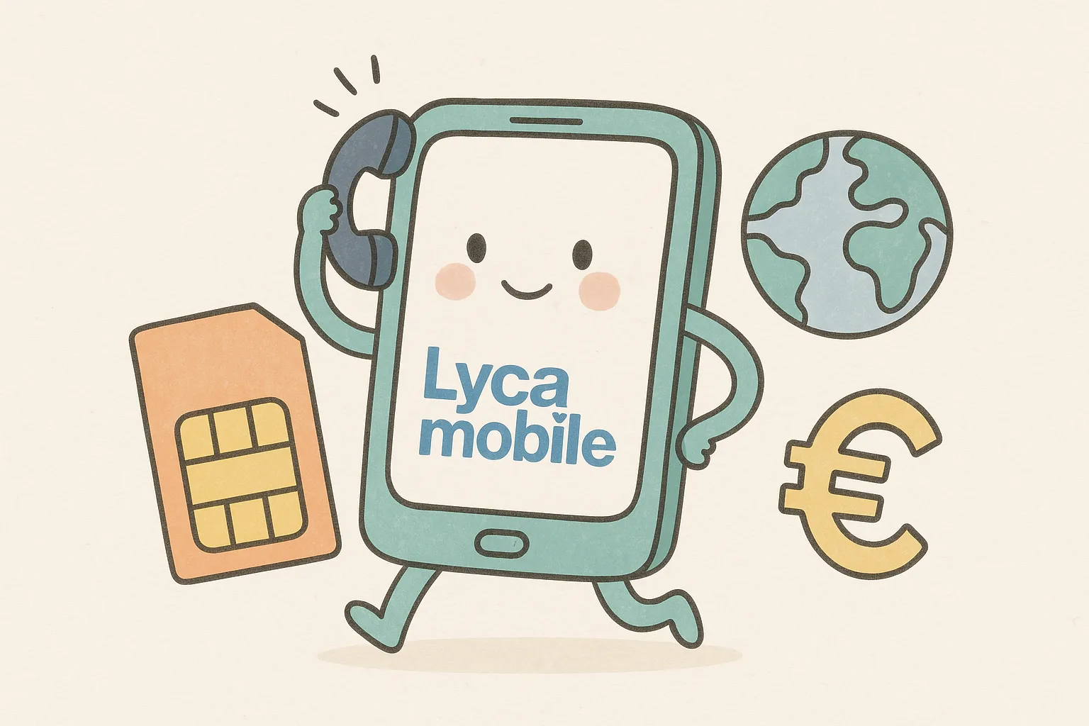 Ilustración digital de un teléfono móvil Lycamobile con una tarjeta SIM, un globo terráqueo y un símbolo de euro en tonos pastel.