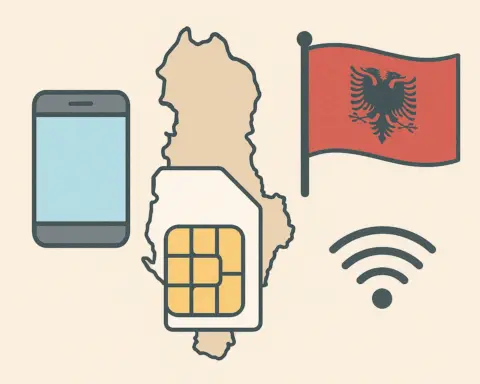 Tarjeta prepago con mapa de Albania y cobertura móvil