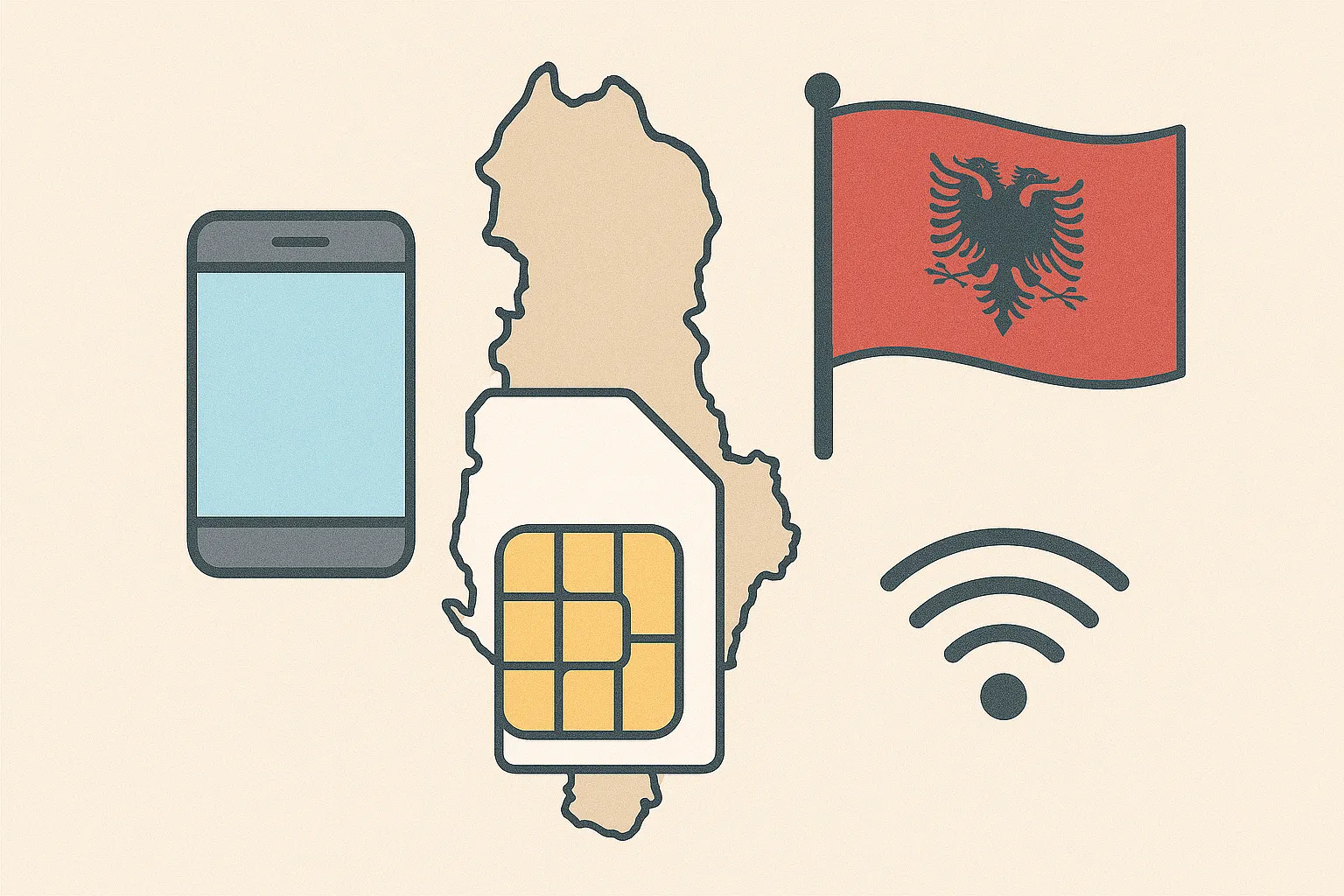 Tarjeta prepago con mapa de Albania y cobertura móvil