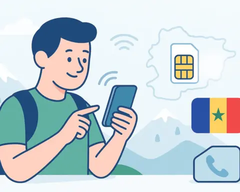 Ilustración de un turista usando una tarjeta prepago o eSIM con conexión móvil en Andorra