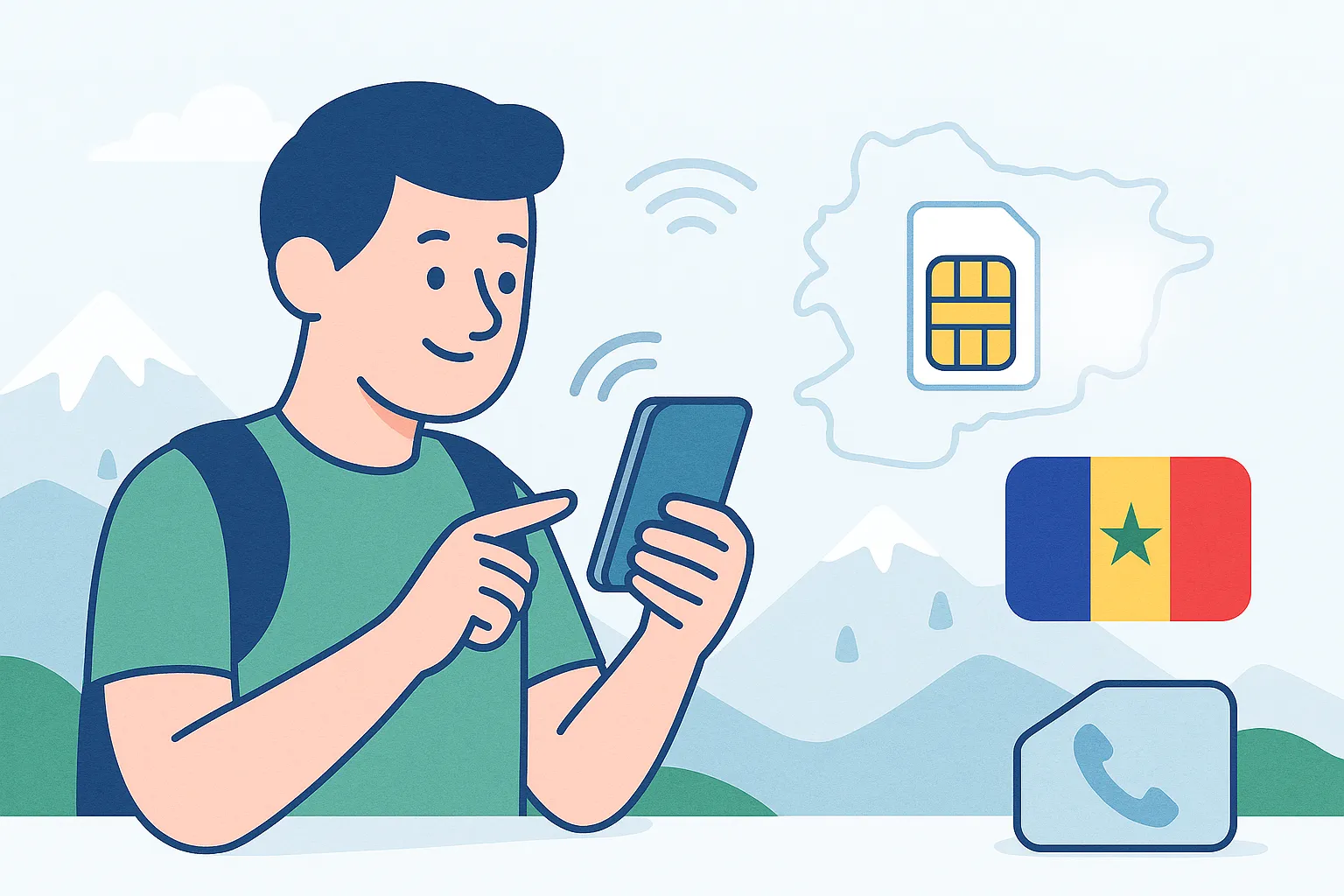 Ilustración de un turista usando una tarjeta prepago o eSIM con conexión móvil en Andorra